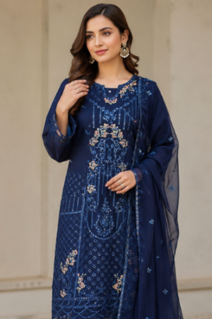 Blue 3-Piece Embroidered Chiffon Suit